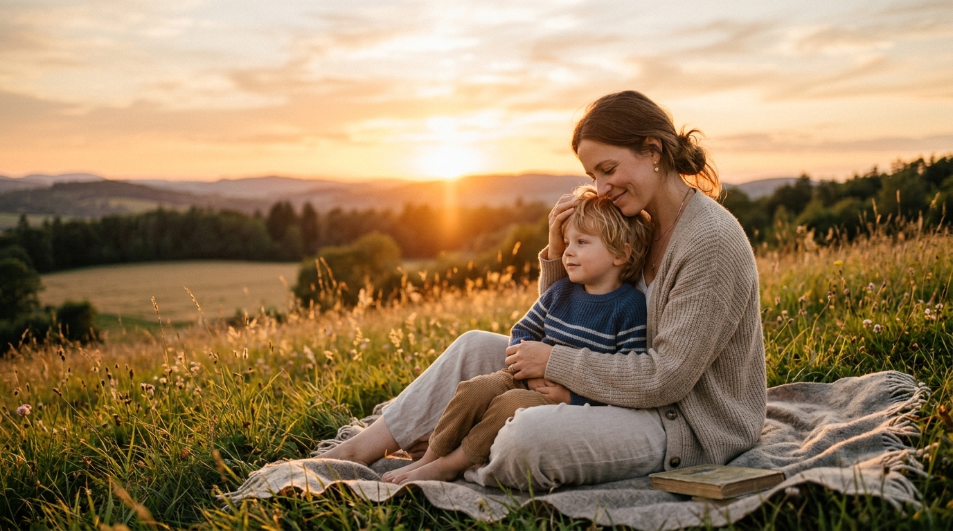 Caregiver and child in golden hour sunlight